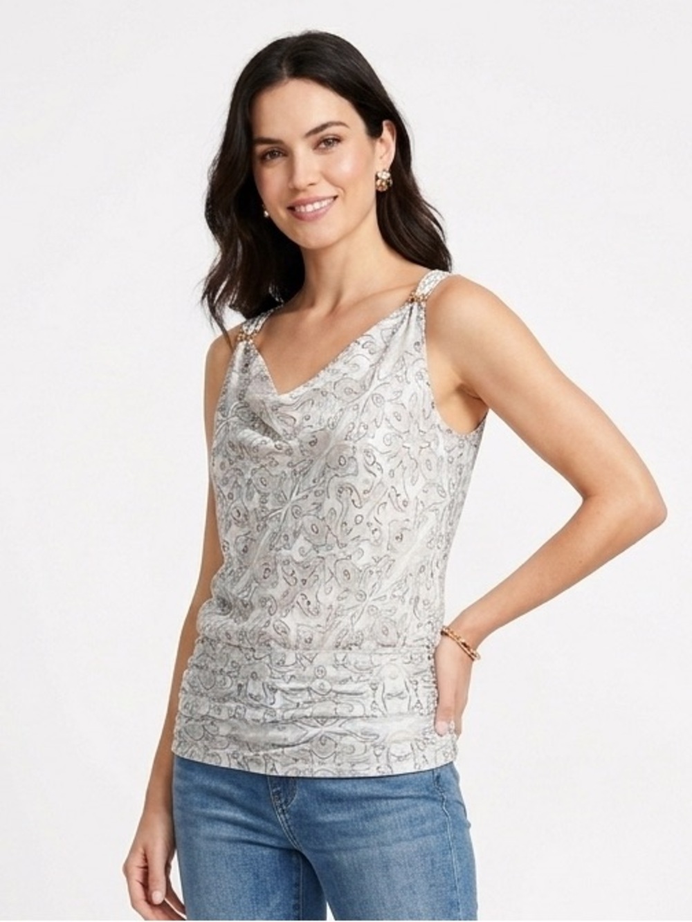 WHBM Feather Gray Fleur De Lis Print Drape Cowl Neck Blouson Tank Top XS $78 EUC